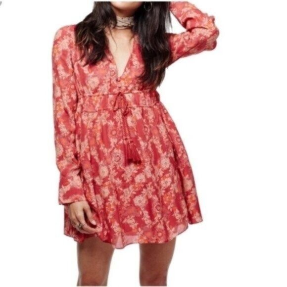 Free People Orange Floral Mini Tunic Dress Long Sleeve Deep VNeck - Picture 6 of 9